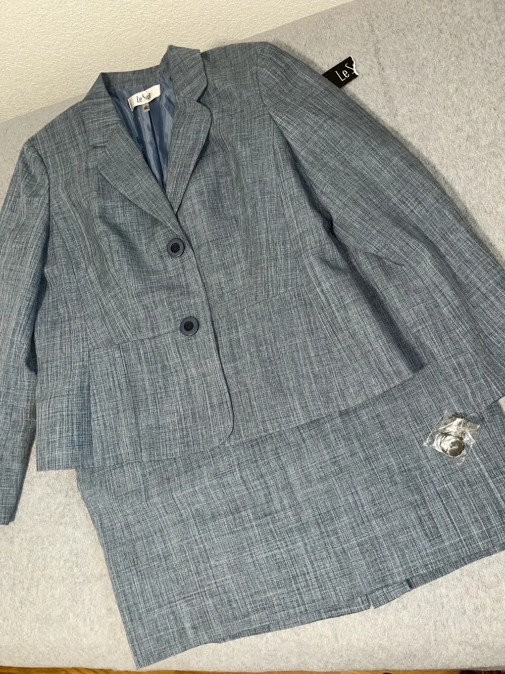 Le Suit Skirt Set Womens 14 Two Button Blazer Office Career Blue